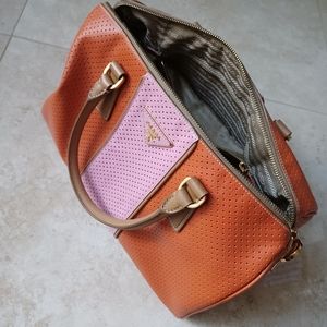 Rare & Perfect Prada Bag Saffiano Perforated Striped Boston Papaya Caramel